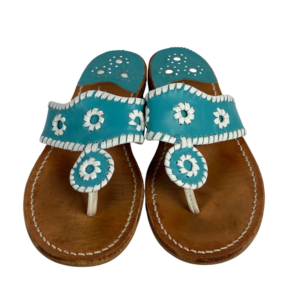 Jack Rogers Original Jack Flat Sandals Turquoise Leather Whipstitch Rondelle 9 M - Picture 2 of 7